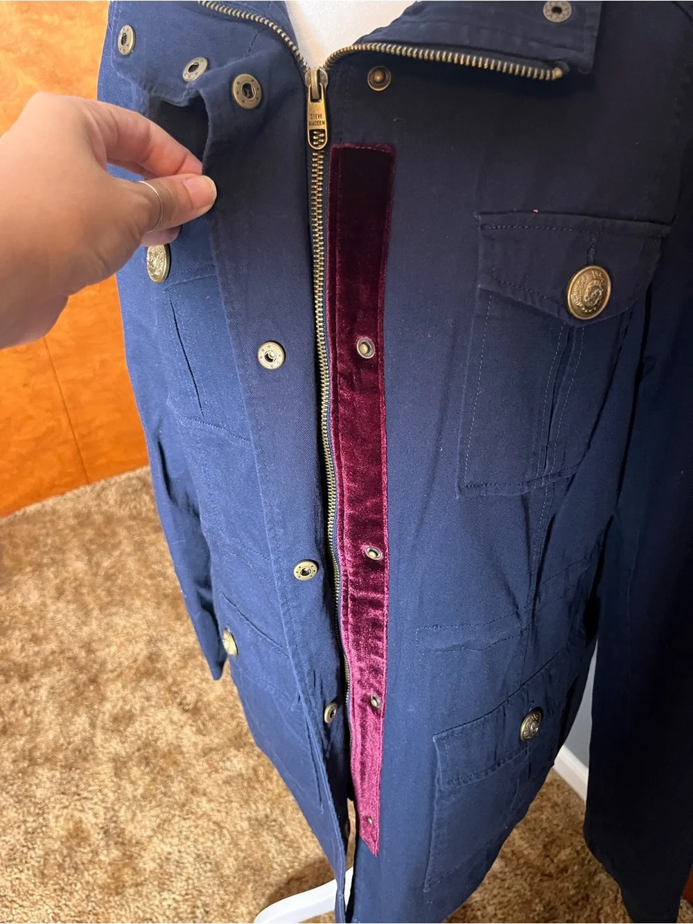Steve Madden Navy Military Jacket with gold accents, women’s size large.